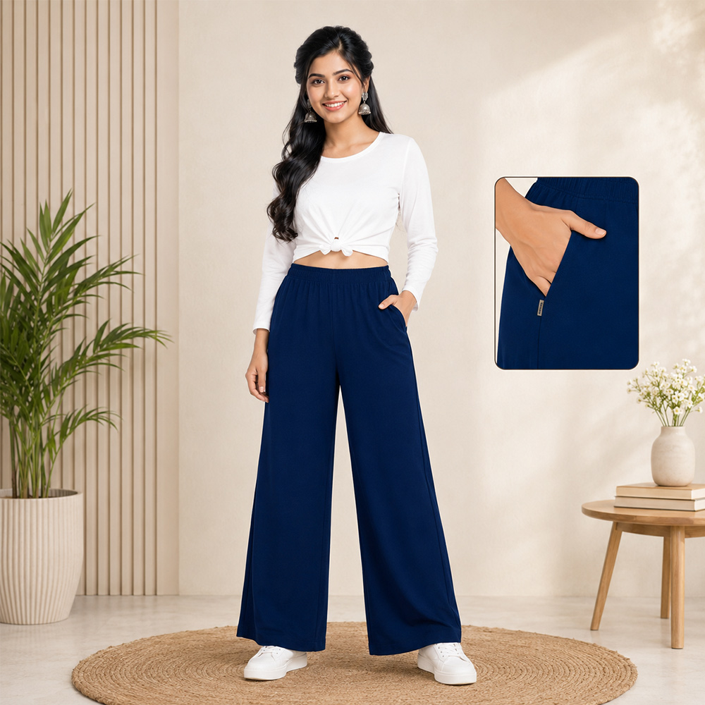 Navy Blue Wide-Leg Palazzo with Pocket