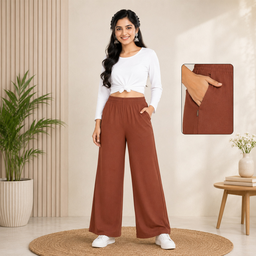 Deep Rust Brown Wide-Leg Palazzo with Pocket