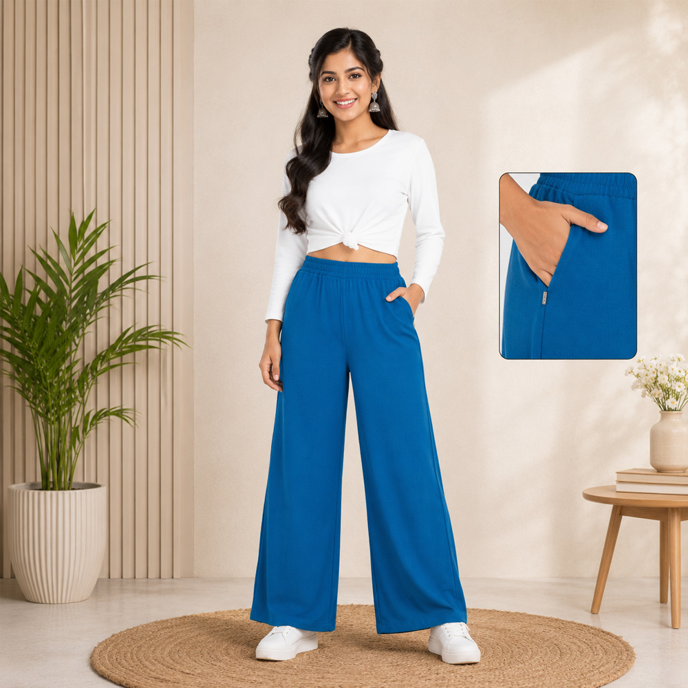 Blue Wide-Leg Palazzo with Pocket