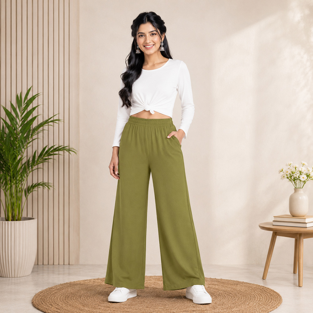 Olive Green Wide-Leg Palazzo with Pocket