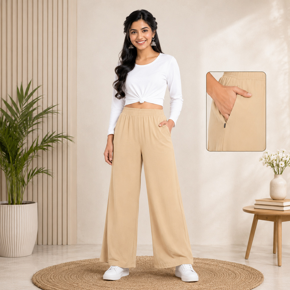 Beige Wide-Leg Palazzo with Pocket