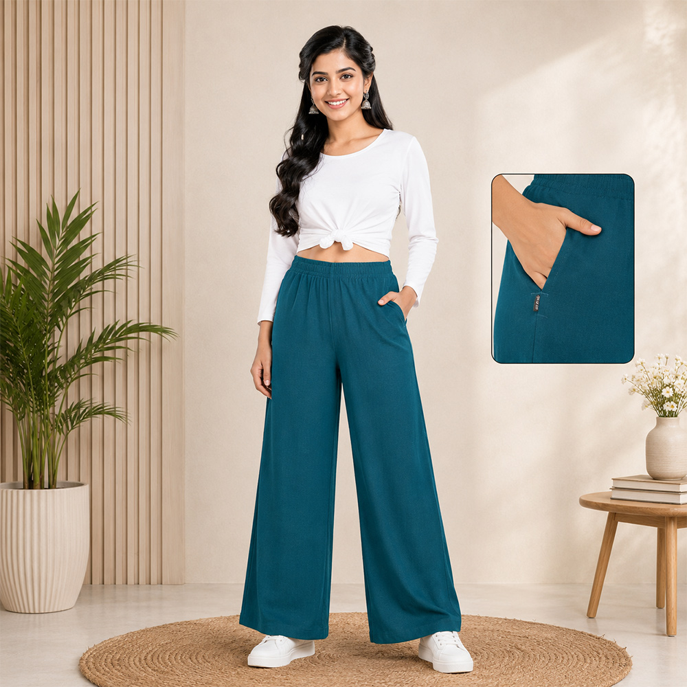 Teal Blue Wide-Leg Palazzo with Pocket