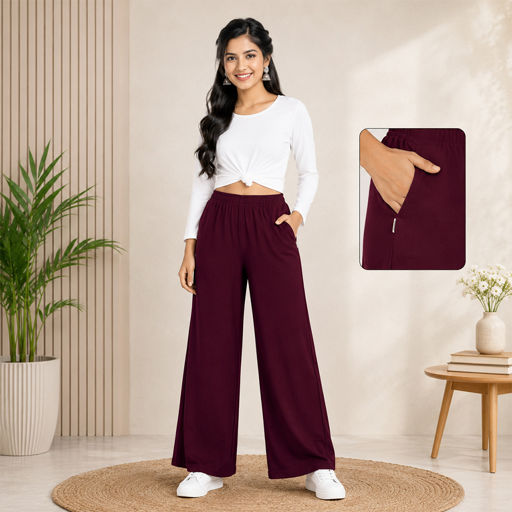 Burgundy Wide-Leg Palazzo with Pocket