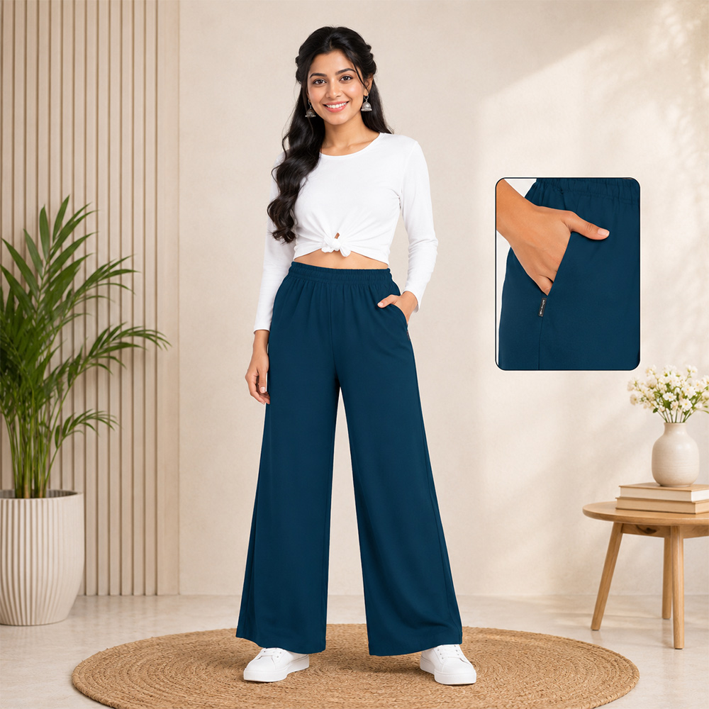 Denim Blue Wide-Leg Palazzo with Pocket
