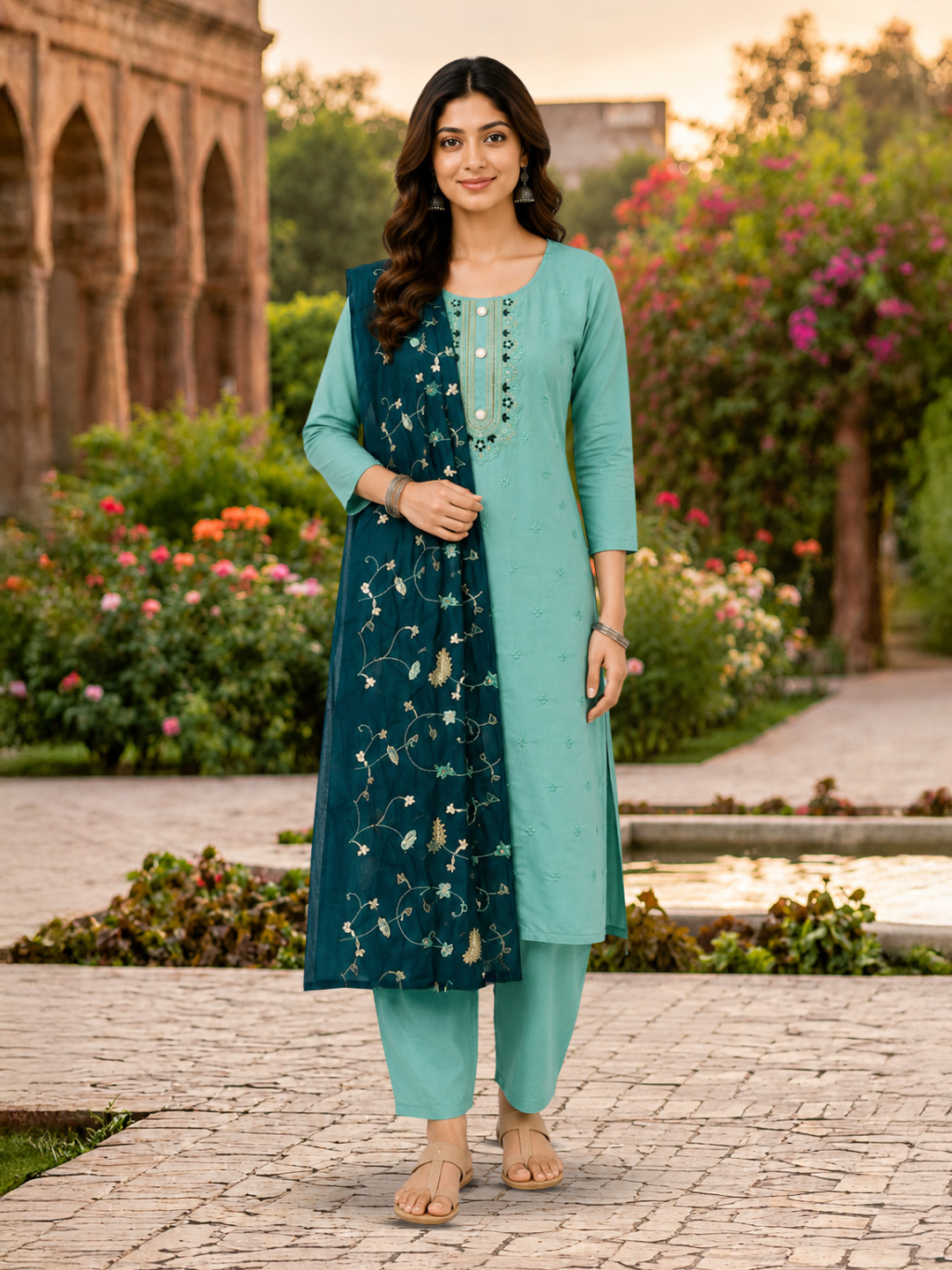 Round Embroidered Neckline Ethnic Salwar Suit Set