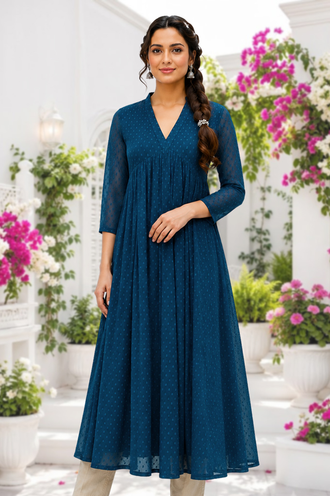 Dobby Chiffon Solid A-Line Kurta