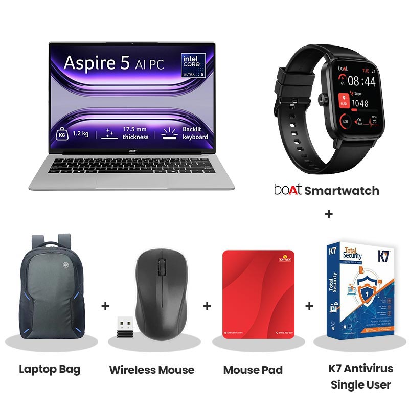 Acer Aspire 5 -  Intel Core Ultra 5 125H 14" (35.56 cm) A514-54H Thin & Light Laptop  (16GB LPDDR5/ 512GB SSD/ WUXGA IPS SlimBezel/  Intel Arc Graphics/ Windows 11 Home/ MS Office/1 Year Warranty/  Pure Silver/ 1.2 kg) with bOAt Smartwatch + Laptop Bag Wireless Mouse + Mouse Pad + K7 Antivirus Single User