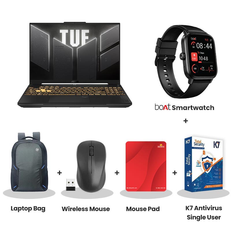Asus TUF Gaming A16 - AMD Ryzen 7 170, RTX 4050 16" (40.64 cms) FA607NUQ-RL047WS Gaming Laptop (16GB DDR5/ 512GB SSD/ Full HD Plus Display/ 6GB GDDR6 NVIDIA GeForce RTX 4050/ Windows 11 Home/ Microsoft Office Home 2024 + Microsoft 365 Basic/ 1Year Warranty/ Mecha Gray/ 2.20 kg) with bOAt Smartwatch + Laptop Bag Wireless Mouse + Mouse Pad + K7 Antivirus Single User