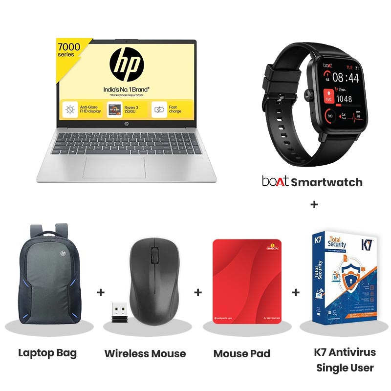 HP - AMD Ryzen 3-7320U 15.6" (39.6 cm) Thin & Light Laptop (8GB/ 512GB SSD/ Full HD Display/ AMD Radeon Graphics/ Anti-Glare/ Camera Privacy Shutter/ 3-cell, 41 Wh Li-ion polymer/ Windows 11 Home/ M365 Basic(1yr)* Office 2024/ 1Year Warranty/ Natural silver/ 1.59 kg)  with bOAt Smartwatch + Laptop Bag Wireless Mouse + Mouse Pad + K7 Antivirus Single User