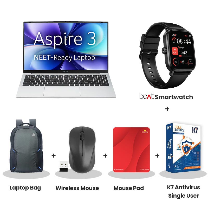 Acer Aspire 3 - N4500 15" (38.1 cm) A325-45 Thin and Light Laptop (8GB LPDDR4/ 256GB SSD/  Intel UHD Graphics/ Windows 11 Home/ 1Year Warranty/ Pure  Silver/ 1.5 kg)  No MSO with bOAt Smartwatch + Laptop Bag Wireless Mouse + Mouse Pad + K7 Antivirus Single User