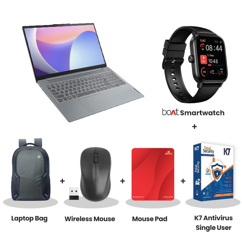 Lenovo IdeaPad Slim 3 - Intel Core i3-1315U 15.6" (39.62 cm) 82X700M6IN Thin & Light Laptop (8GB / 512GB SSD/ Full HD Display/ Integrated Intel UHD Graphics/ Windows 11 Home/ MS Office 2024/ 1Year Warranty/ Arctic Grey/ 1.62 kg) with bOAt Smartwatch + Laptop Bag Wireless Mouse + Mouse Pad + K7 Antivirus Single User