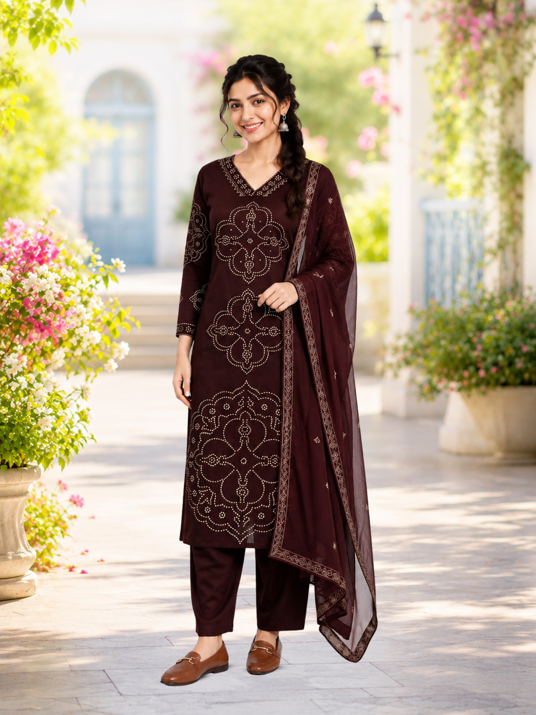 Printed V-Neck Ethnic Kurta Set