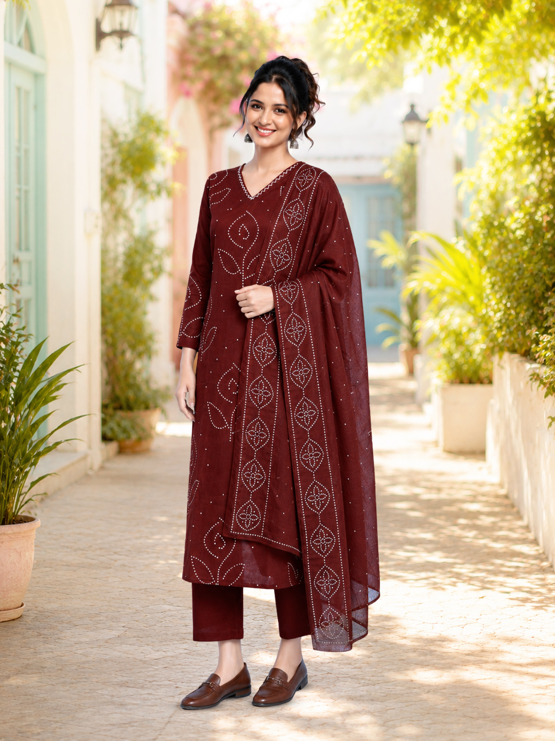 Printed V-Neck Ethnic  Suit Set