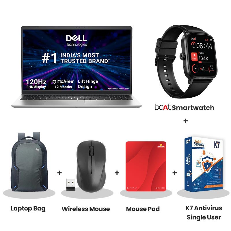 Dell DC15250  - 13th Gen Intel Core i7 15.6" (39.62cm) Thin & Light Laptop (16GB/ 512GB SSD/ Full HD Display/ Windows 11 Home/ MS Office 2024/ Intel UHD Graphics/ Backlit Keyboard / 1 Year Warranty/ Platinum Silver/ 1.65kg)    with bOAt Smartwatch + Laptop Bag Wireless Mouse + Mouse Pad + K7 Antivirus Single User