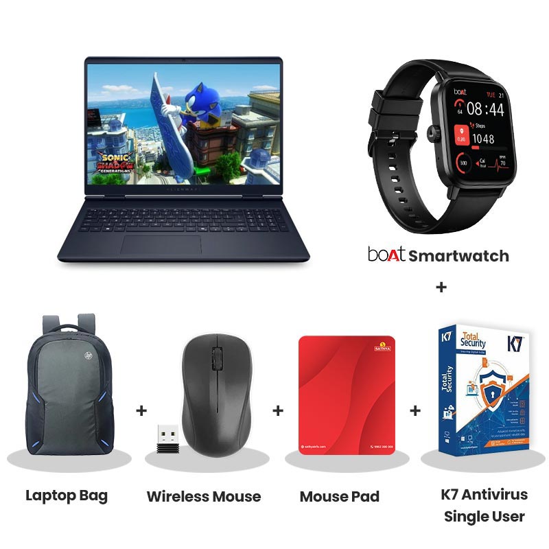 Dell Alienware 16 Aurora - Intel Core 7 240H 16" (40.64cm) Gaming Laptop (16GB/ 1TB SSD/  WQXGA 120Hz Display/ NVIDIA GeForce RTX 5050, 8GB GDDR7/ Windows 11 Home/ Office Home 2024 + M365 Basic (1 Year Validity)/ 1 Year Warranty/  Interstellar Indigo/ 2.57 kg) with bOAt Smartwatch + Laptop Bag Wireless Mouse + Mouse Pad + K7 Antivirus Single User