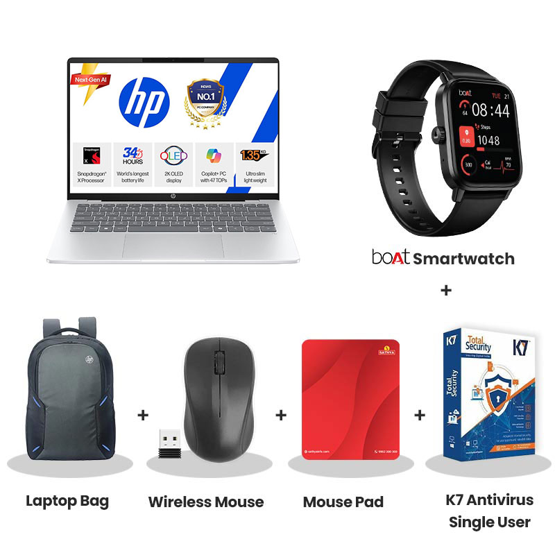 HP OmniBook 5 - Snapdragon X processor 14" (35.56 cm) 14-he0014QU Thin & Light Laptop  (16GB DDR5/ 512GB SSD/  Diagonal 2K OLED display/ Qualcomm Adreno GPU/Backlit Keyboard/ Camera Privacy Shutter/ Mic mute key/Windows 11 Home/ MS Office 2024/ M365 Basic(1yr) 1Year Warranty/ Glacier Silver/ 1.35 Kg) with bOAt Smartwatch + Laptop Bag Wireless Mouse + Mouse Pad + K7 Antivirus Single User
