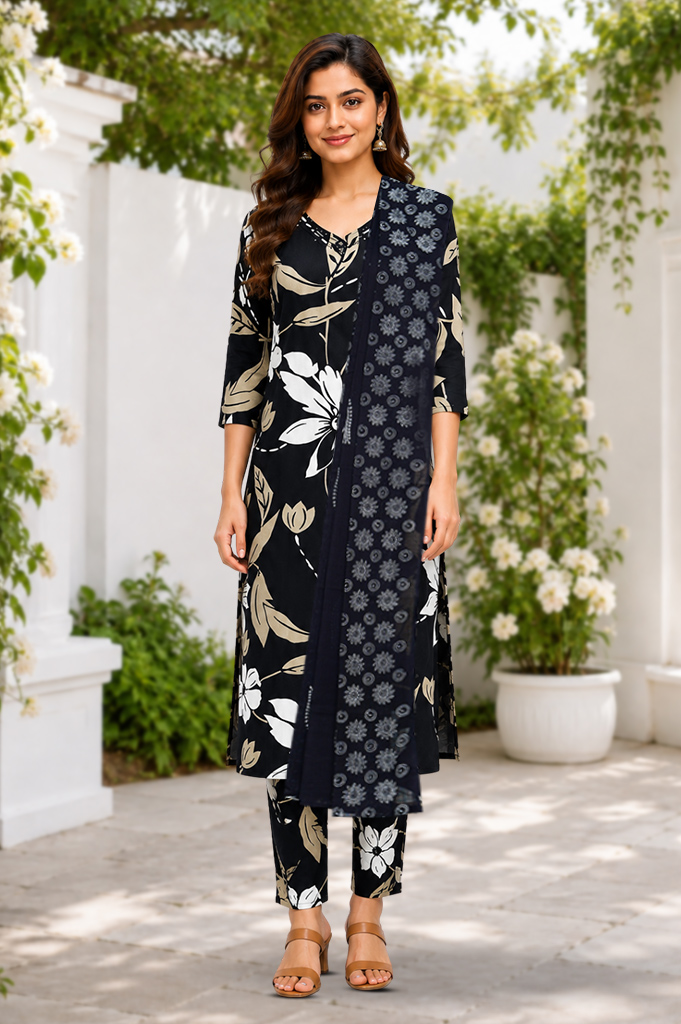 V-Neck Printed  Ethnic  Kurta Set