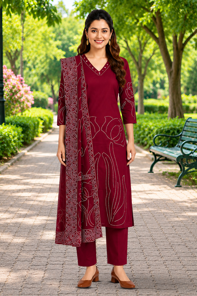 Printed  V-Neck Ethnic  Straight-Cut Kurta Set
