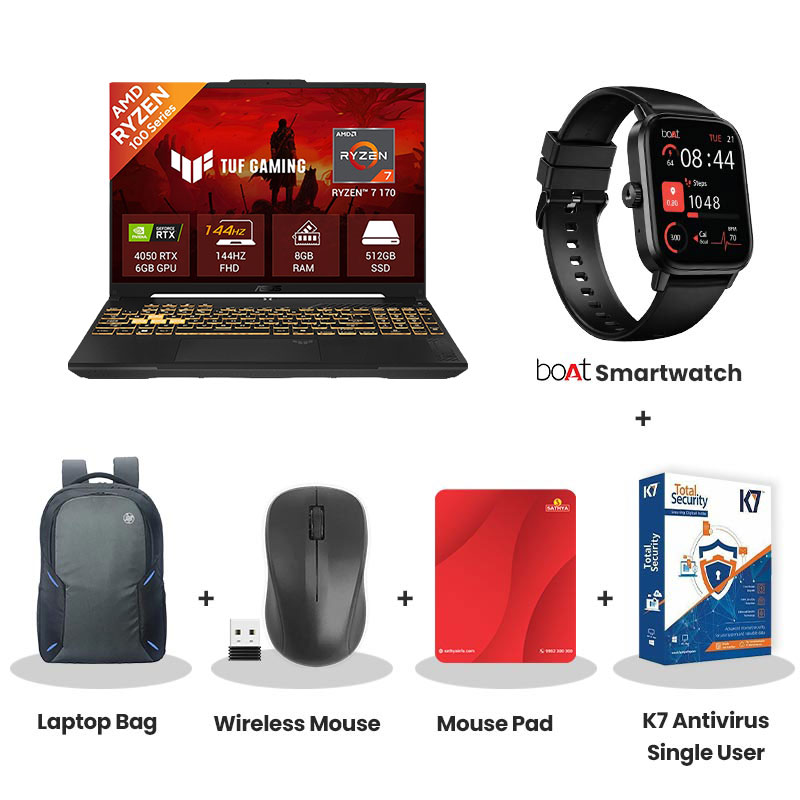 Asus TUF Gaming A16  - AMD Ryzen 7 170 16" (40.64 cm)  FA607NUQ-RL208W Gaming Laptop ( 8GB DDR5/ 512GB  SSD/ Full HD Plus Display/ 6GB GDDR6 NVIDIA GeForce RTX 4050/ Windows 11 Home/ MS Office/ 1Year Warranty/ Mecha Gray/ 2.20 kg) with bOAt Smartwatch + Laptop Bag Wireless Mouse + Mouse Pad + K7 Antivirus Single User