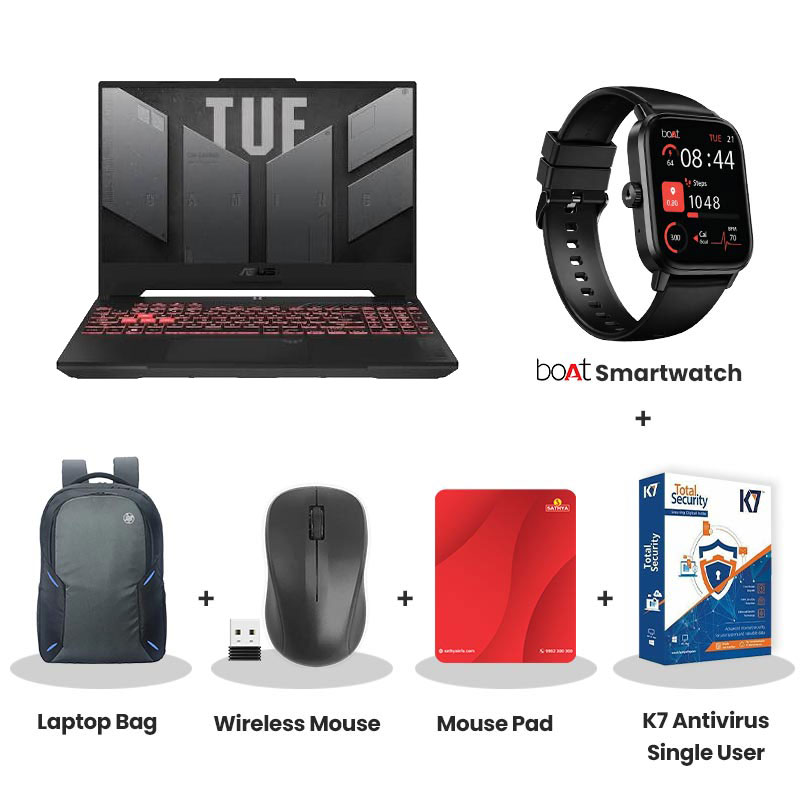 Asus Gaming V16 - Intel Core 5 210H 16" (40.64 cm) V3607VU-RP550WS Gaming Laptop (16GB/ 512GB SSD/ 6GB GDDR6 NVIDIA GeForce RTX 4050/ Windows 11 Home/ MS Office 2024/ 1Year Warranty/ Black/ 1.95 Kg) with bOAt Smartwatch + Laptop Bag Wireless Mouse + Mouse Pad + K7 Antivirus Single User