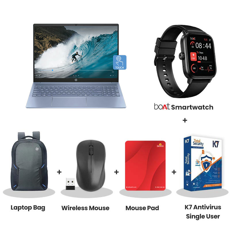 HP OmniBook 5 AI - Intel Core Ultra 5 225U 16" (40.6 cm) 16-af1101TU Thin & Light Laptop (16GB LPDDR5/  512GB SSD/  Diagonal 2K Display/ Intel Graphics/ Windows 11 Home/ 1Year Warranty/ Sky Blue/ 1.77 kg) with bOAt Smartwatch + Laptop Bag Wireless Mouse + Mouse Pad + K7 Antivirus Single User