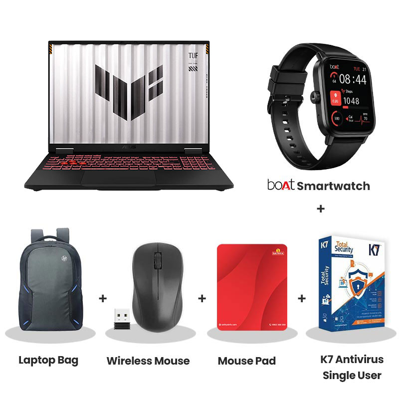 Asus TUF Gaming A16 - AMD Ryzen 9 8940HX 16" (40.64 cm) FA608PP-QT014WS Gaming Laptop (16GB/ 1TB SSD/ WQXGA Display/ 8GB GDDR7 NVIDIA GeForce RTX 5070/  Windows 11 Home/ MS Office 2024/ 1Year Warranty/ Jaeger Gray/ 2.20 kg) with bOAt Smartwatch + Laptop Bag Wireless Mouse + Mouse Pad + K7 Antivirus Single User
