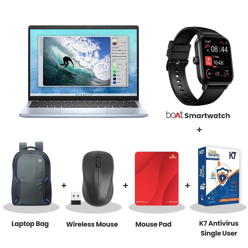 Dell  Inspiron 14 5440 - Intel Core 3- 100U  14" (35.6 cm) Thin & Light Laptop (8GB DDR5/ 512GB SSD/ Full HD Plus IPS Display/ Intel Graphics/ Ubuntu/ 1 Year Warranty/ Ice Blue/ 1.69 kg)  with bOAt Smartwatch + Laptop Bag Wireless Mouse + Mouse Pad + K7 Antivirus Single User