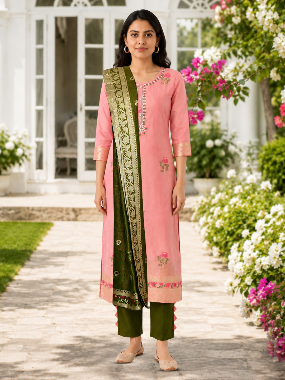 Floral Embroidery Embellished Suit Set