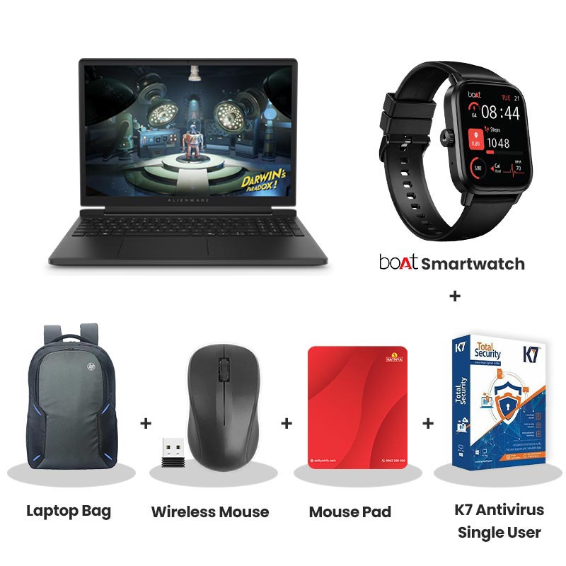Dell New Alienware 15 - AMD Ryzen 7 260   15.3" (38.86 cm) Gaming Laptop (16GB DDR5/ 512GB SSD/ WUXGA/ NVIDIA GeForce RTX 4050, 6GB GDDR6/ Windows 11 Home/ Microsoft Office Home 2024+ M365 Basic (1 Year Validity)/ 1Year Warranty/ Black/ 2.25kg) with bOAt Smartwatch + Laptop Bag Wireless Mouse + Mouse Pad + K7 Antivirus Single User