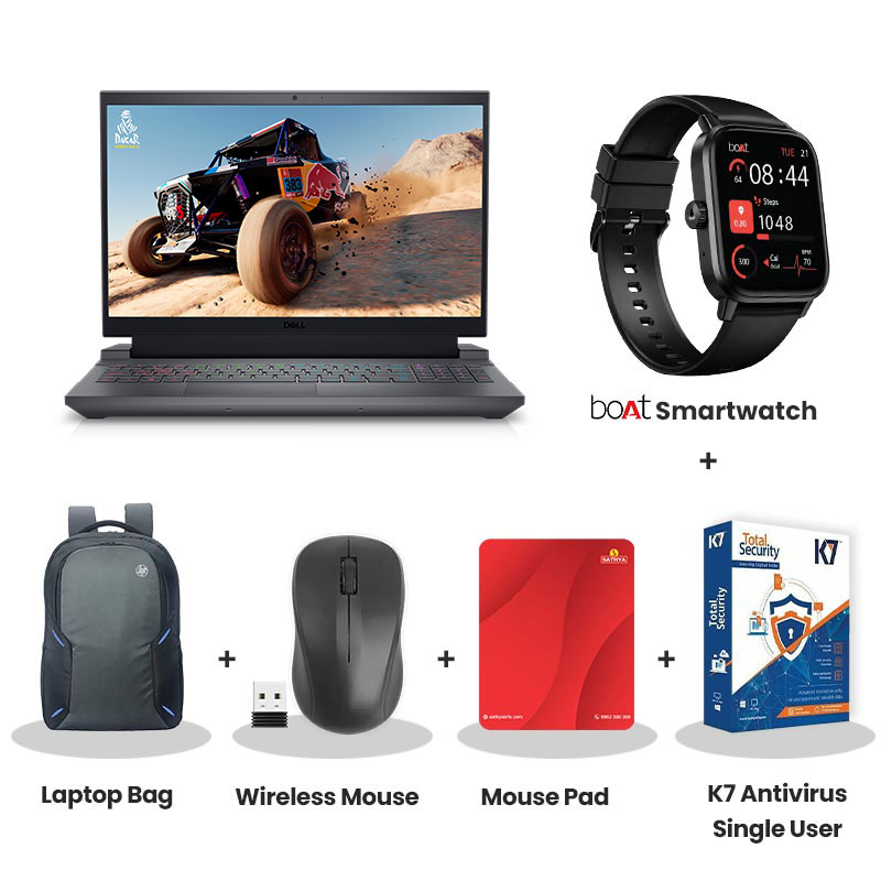 Dell  G15 5530 - 13th Gen Intel Core i5-13450HX 15.6" (39.62cm)  Gaming Laptop (16GB DDR5/ 512GB SSD/ Full HD Display/ NVIDIA GeForce RTX 3050 6GB GDDR6/ Windows 11 Home/ MS Office/ 1Year Warranty/ Dark Shadow Gray/ 2.81 kg) with bOAt Smartwatch + Laptop Bag Wireless Mouse + Mouse Pad + K7 Antivirus Single User