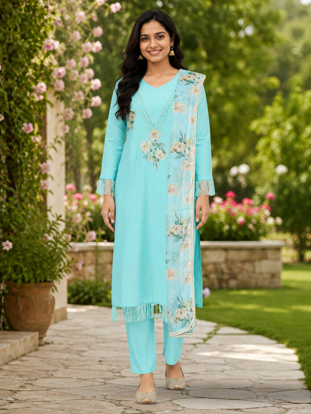 Graceful Ethnic V-Neck Embroidered Salwar Suit Set