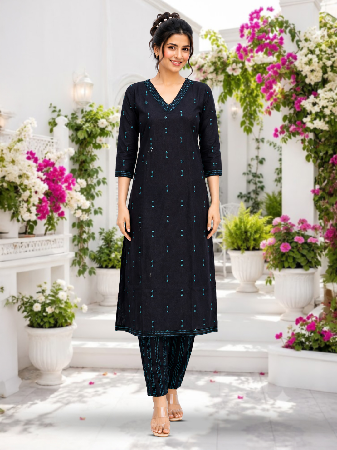 V-Neck Threadwork Motifs   Kurta with Pant Set