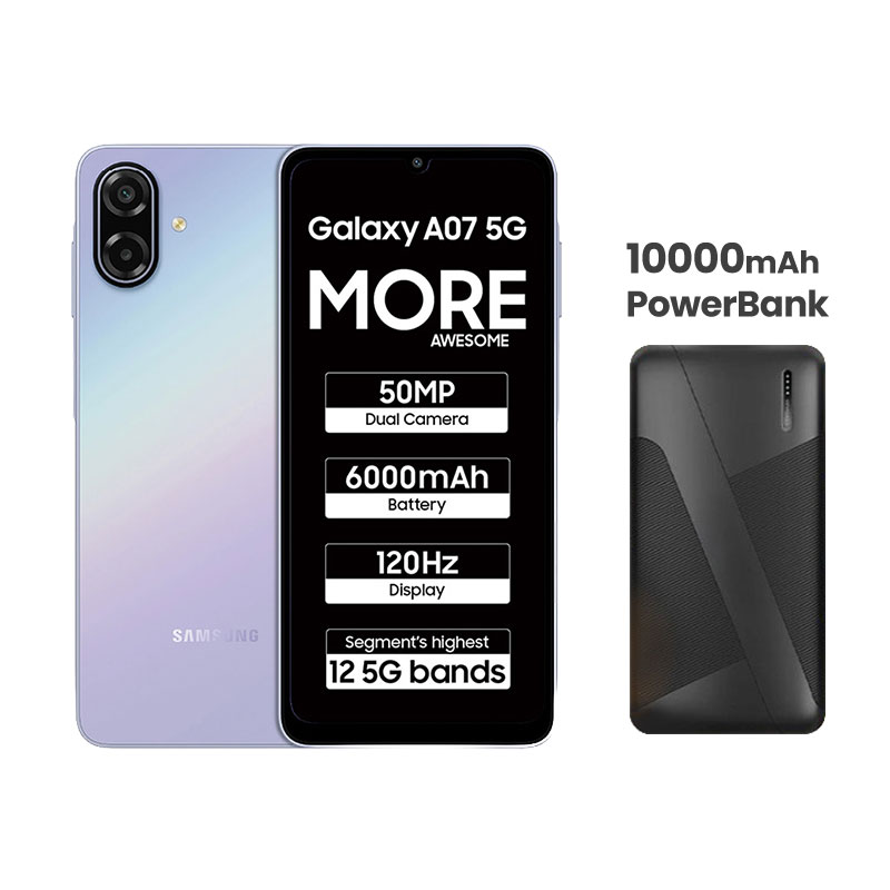 Samsung Galaxy A07 5G (Light Violet/ 6GB RAM/  128GB Storage) + 10000mAh PowerBank