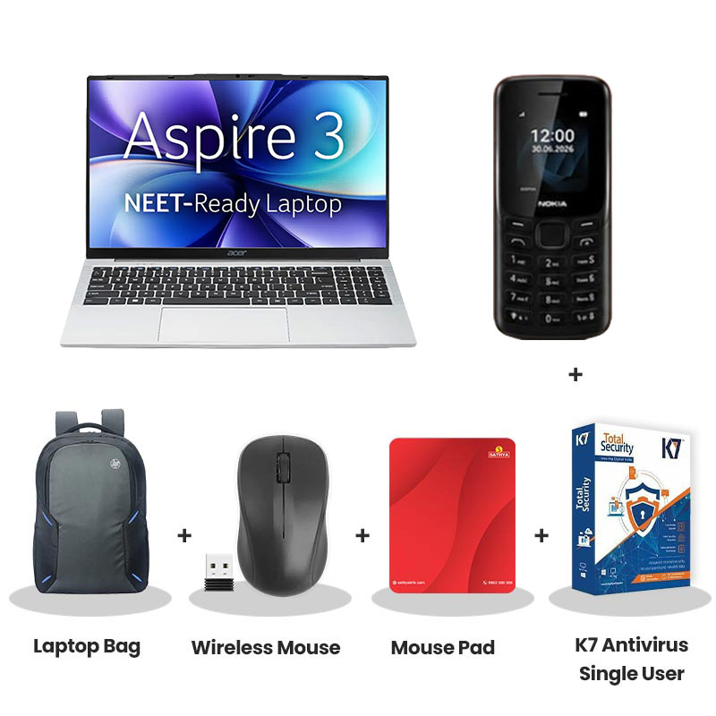 Acer Aspire 3 - N4500 15" (38.1 cm) A325-45 Thin and Light Laptop (8GB LPDDR4/ 256GB SSD/  Intel UHD Graphics/ Windows 11 Home/ 1Year Warranty/ Pure  Silver/ 1.5 kg)  No MSO with Nokia Mobile Phone + Laptop Bag +  Wireless Mouse + Mouse Pad + K7 Antivirus Single User