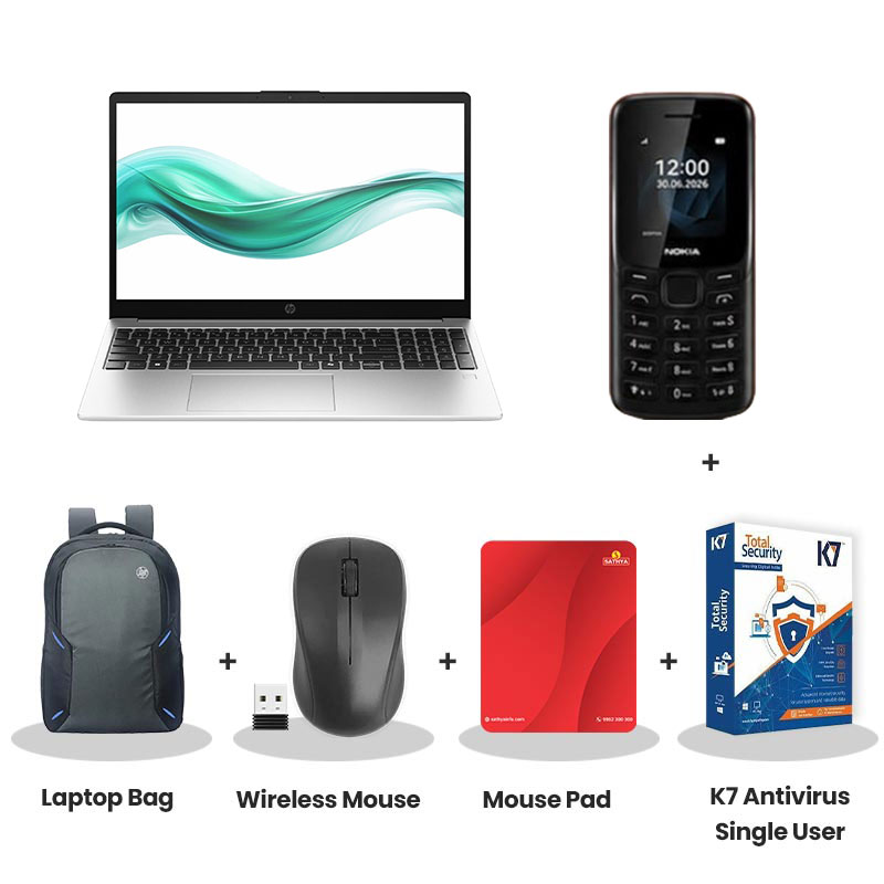 HP 250R G10 - Intel Core 3-100U 15.6" (39.6 cm) C91W6AT Thin & Light Laptop (8GB DDR4/ 512 GB SSD/ HD IPS Display/ Intel Graphics/ DOS/ 1Year Warranty/ Turbo Silver/  1.59 kg)  with Nokia Mobile Phone + Laptop Bag + Wireless Mouse + Mouse Pad + K7 Antivirus Single User