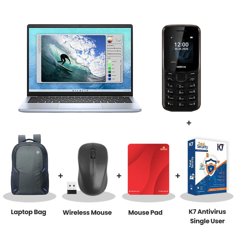 Dell  Inspiron 14 5440 - Intel Core 3- 100U  14" (35.6 cm) Thin & Light Laptop (8GB DDR5/ 512GB SSD/ Full HD Plus IPS Display/ Intel Graphics/ Ubuntu/ 1 Year Warranty/ Ice Blue/ 1.69 kg)   Nokia Mobile Phone + Laptop Bag + Wireless Mouse + Mouse Pad + K7 Antivirus Single User