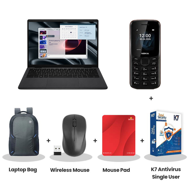 Dell Pro 14 - Intel Core 3 100U  14" (35.5cm) PV14250 Essential Laptop  (8GB DDR5/ 512GB SSD/ Intel UHD Graphics/ WiFi + BT/ Ubuntu/ 1 Year Warranty/ Carbon Black/ 1.54 kg)   Nokia Mobile Phone + Laptop Bag + Wireless Mouse + Mouse Pad + K7 Antivirus Single User