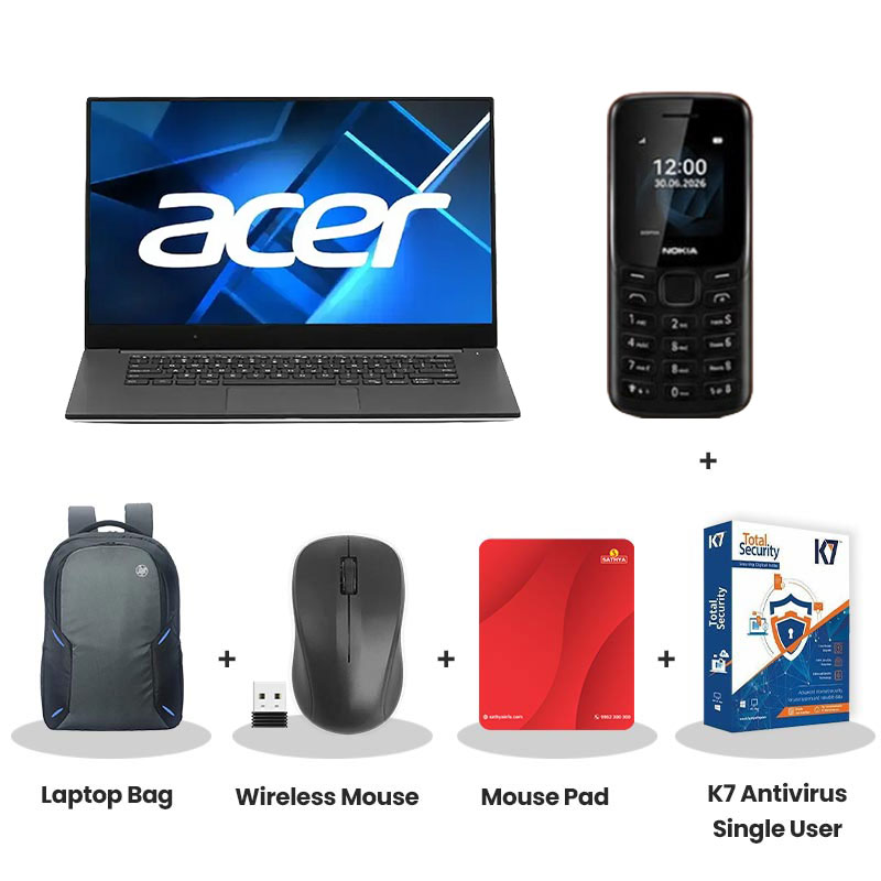 Acer Aspire Lite -   AMD Ryzen 3-5400U 15.6" (39.62 cm) AL15-41 Thin & Light Laptop  ( 8GB/ 500GB SSD/ Full HD Display/ AMD Radeon Graphics/ Windows 11 Home / MS Office/ 1Year Warranty/ Steel Gray/ 1.6Kg) Nokia Mobile Phone + Laptop Bag + Wireless Mouse + Mouse Pad + K7 Antivirus Single User