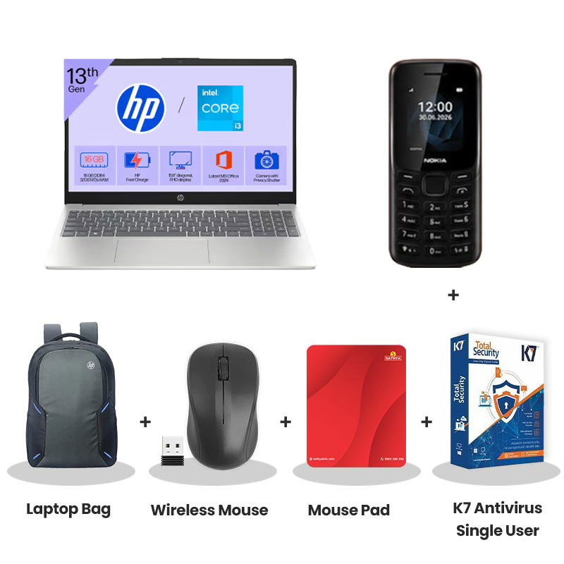  HP - Intel Core i3-1315U 15.6" (39.6 cm)  15-fd0962TU Thin & Light Laptop  (8GB RAM/ 256GB SSD/ Full HD Display/ Intel UHD Graphics/ Windows 11 Home/ 1Year Warranty/ Natural silver/ 1.59 kg)  Nokia Mobile Phone + Laptop Bag + Wireless Mouse + Mouse Pad + K7 Antivirus Single User