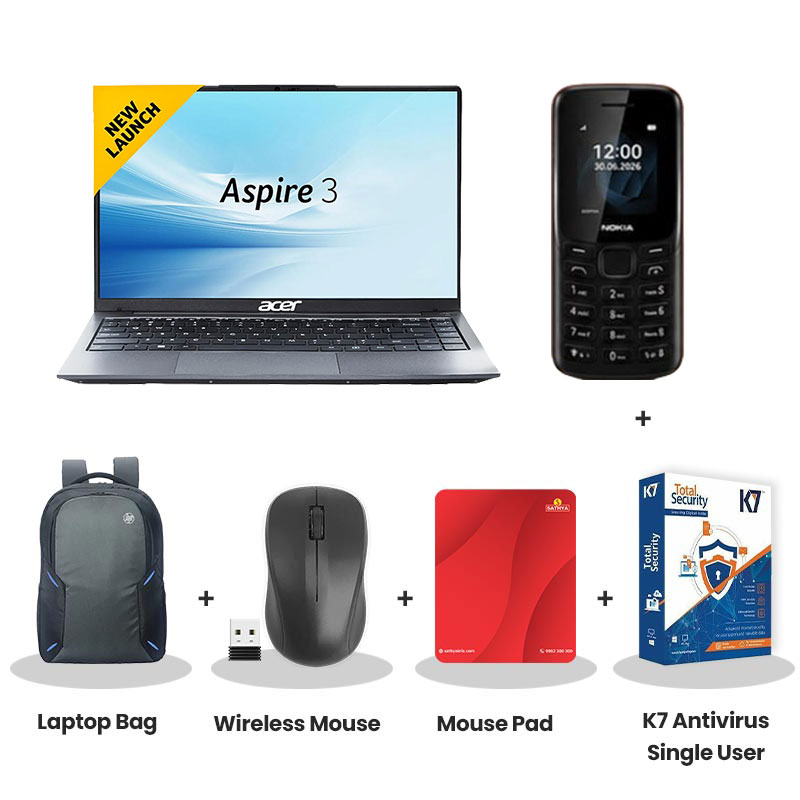 Acer Aspire 3 -  Intel Core i3-1305U 15" (38.1 cm)  Thin and Light Laptop  (8GB DDR4/ 500GB SSD/ Full HD IPS Display/ Copilot Key/ Intel UHD Graphics/ Windows 11 Home/ MS Office/ 1Year Warranty/ Silver/ 1.5 kg)  Nokia Mobile Phone + Laptop Bag + Wireless Mouse + Mouse Pad + K7 Antivirus Single User