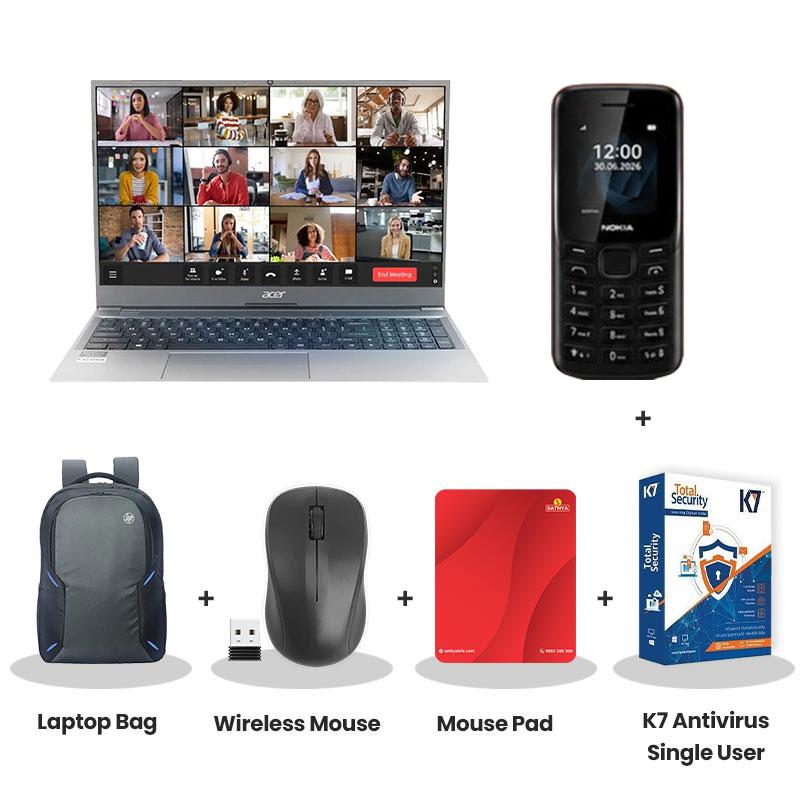 Acer  Aspire Lite - Intel Core 3 100U 15.6" (39.62 cm) AL15-53 Thin & Light Laptop  (8GB/ 512GB SSD/ Full HD Display/ Intel UHD Graphics/ Windows 11 Home/ MS Office/ 1Year Warranty/  Gray/ 1.59 kg)  Nokia Mobile Phone + Laptop Bag + Wireless Mouse + Mouse Pad + K7 Antivirus Single User