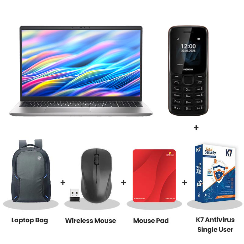 Dell 15 - Intel Core 3-100U 15.6" (39.62cm) Thin & Light Laptop (8GB/ 512GB SSD/ Full HD Display/ Intel UHD Graphics/ Windows 11 Home/ MS Office 2024/ 1 Year Warranty Platinum Silver/ 1.90 kg)  Nokia Mobile Phone + Laptop Bag + Wireless Mouse + Mouse Pad + K7 Antivirus Single User