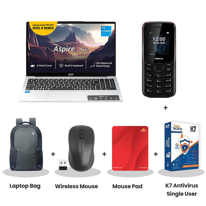  Acer Aspire Lite - Intel Core 5 210H 15.6" (39.62 cm)  AL15-52 (16GB LPDDR5/ 512GB SSD/ Full HD Display/ Intel UHD Graphics/ Windows 11 Home/ MS Office/ 1Year Warranty/ Pure Silver/ 2.50 kg)  Nokia Mobile Phone + Laptop Bag + Wireless Mouse + Mouse Pad + K7 Antivirus Single User