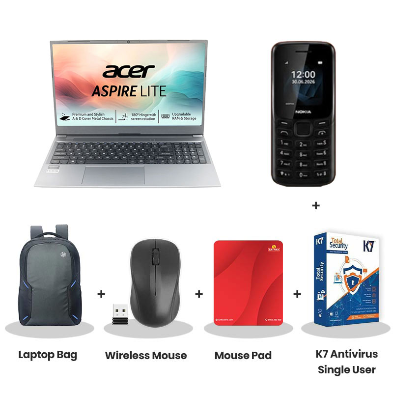 Acer Aspire Lite -  AMD Ryzen 7 15.6" (39.62 cm)  AL15-41 Thin & Light Laptop (16GB/ 512GB SSD/ Full HD Display /Integrated AMD Radeon Graphics/ Windows 11 Home / MS Office/ 1Year Warranty/ Steel Gray/ 1.6 Kg)  Nokia Mobile Phone + Laptop Bag + Wireless Mouse + Mouse Pad + K7 Antivirus Single User