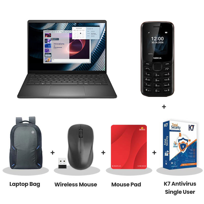 Dell  PRO 14 - Intel Core  5-120U 14" (35.6 cm) Thin & Light Laptop (8GB DDR5/ 512GB SSD/ Full HD Display/  Intel Graphics/ Ubuntu/ 3 Years Warranty/ Carbon Black/ 1.35 kg) Nokia Mobile Phone + Laptop Bag + Wireless Mouse + Mouse Pad + K7 Antivirus Single User