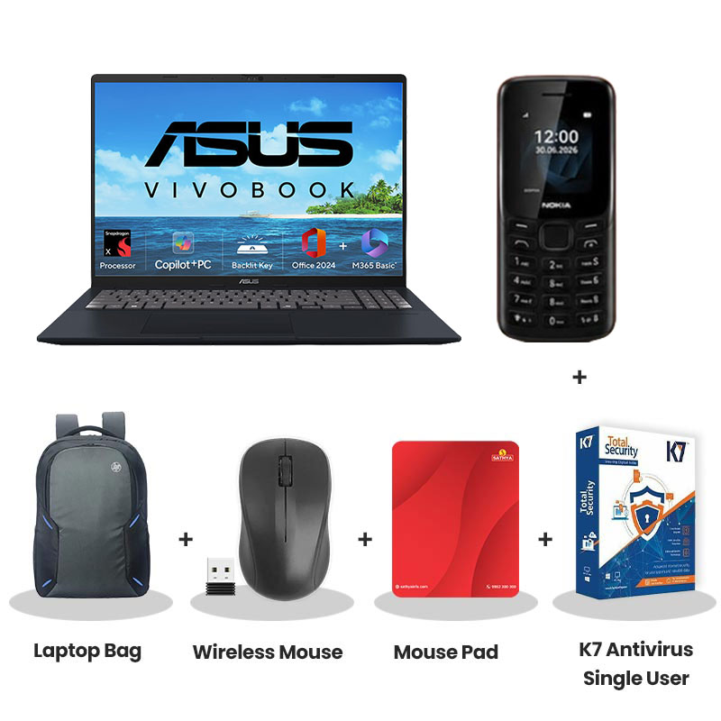 Asus Vivobook 16 (2025) - Snapdragon X X1 26 100 16" (40.64 cm) X1607QA-MB049WS AI Powered Thin and Light Laptop (16GB/ 512GB SSD/ WUXGA Display/ Qualcomm Adreno GPU/ Windows 11 Home/ Office Home 2024/ 1Year Warranty/ Quiet Blue/ 1.88 kg)   Nokia Mobile Phone + Laptop Bag + Wireless Mouse + Mouse Pad + K7 Antivirus Single User
