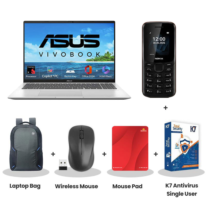 Asus Vivobook 16 (2025) - Snapdragon X X1 26 100 16" (40.64 cm) X1607QA-MB050WS AI Powered Thin and Light Laptop (16GB/ 512GB SSD/ WUXGA Display/ Qualcomm Adreno GPU/ Windows 11 Home/ Office Home 2024/ 1Year Warranty/ Cool Silver/ 1.88 kg)   Nokia Mobile Phone + Laptop Bag + Wireless Mouse + Mouse Pad + K7 Antivirus Single User