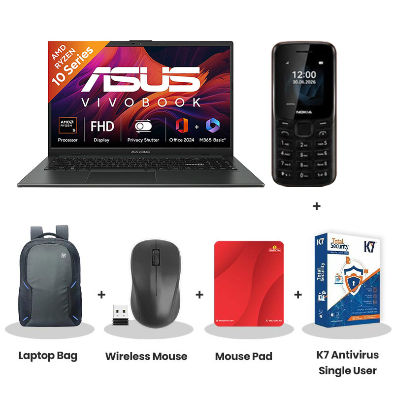 Asus Vivobook  Go  15 - AMD Ryzen 5 40 15.6" (39.62cm) E1504FA-BQ2116WS Thin & Light Laptop (16GB DDR5/  512GB SSD/ Windows 11 Home/Office Home 2024 + M365 Basic (1 Year Validity)/ 1Year Warranty/ Mixed Black/ 1.70 kg)   Nokia Mobile Phone + Laptop Bag + Wireless Mouse + Mouse Pad + K7 Antivirus Single User