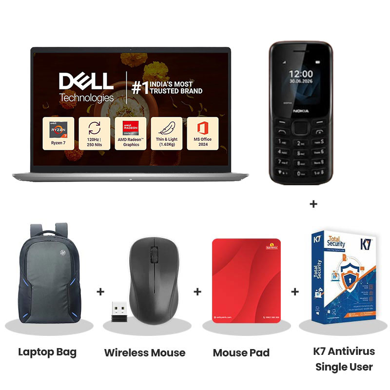 Dell 15 - AMD Ryzen 7-7730U 15.6" (39.62cm) Thin & Light Laptop (16GB/ 512GB SSD/ Full HD Display/ AMD Radeon Graphics/ Standard Keyboard/ Windows 11 Home/ Office Home 2024 + M365 Basic/ 1Year Warranty/ Platinum Silver/ 1.63Kg)  Nokia Mobile Phone + Laptop Bag + Wireless Mouse + Mouse Pad + K7 Antivirus Single User