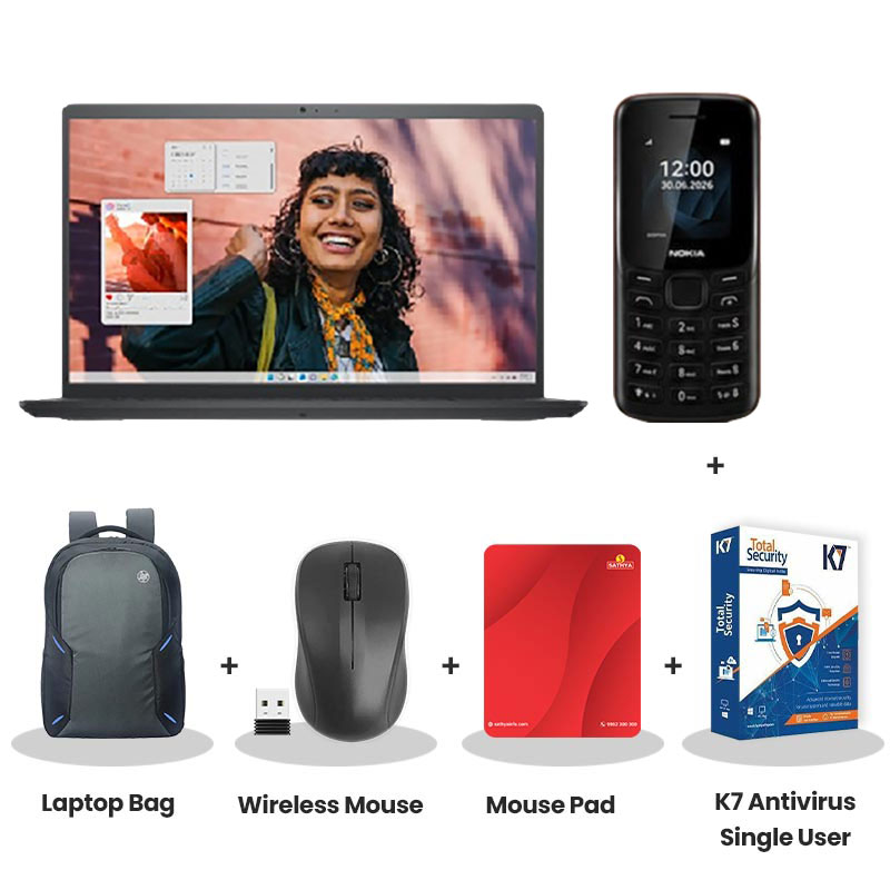 Dell 15 -  13th Gen Intel Core i5-1334U 15.6" (39.62cm)  Thin & Light Laptop (8GB DDR4/ 512GB SSD/ Full HD Display/ Windows 11 Home/ Office Home 2024/Standard Keyboard/ Black/ 1 Year Warranty/  1.65 kg)  Nokia Mobile Phone + Laptop Bag + Wireless Mouse + Mouse Pad + K7 Antivirus Single User
